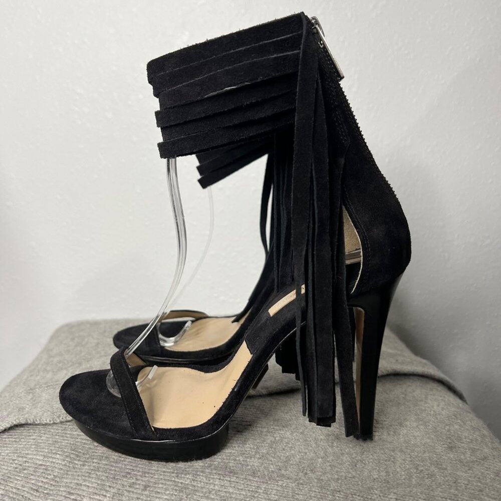 MICHAEL Kors Daphne Fringe Heels Black Suede Size 38 - Picture 2 of 8